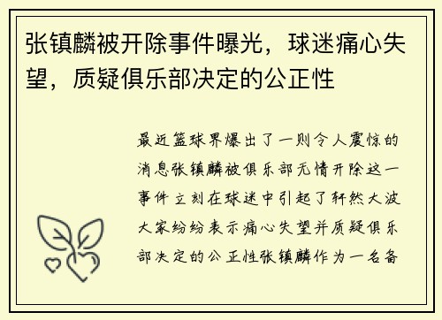 张镇麟被开除事件曝光，球迷痛心失望，质疑俱乐部决定的公正性